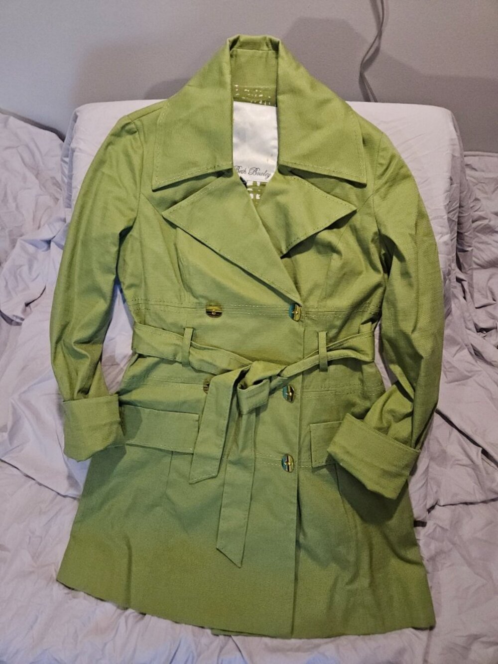 Anthropologie Beth Bowley Womens 4 Pea Green Mod Double Breasted Trench Coat